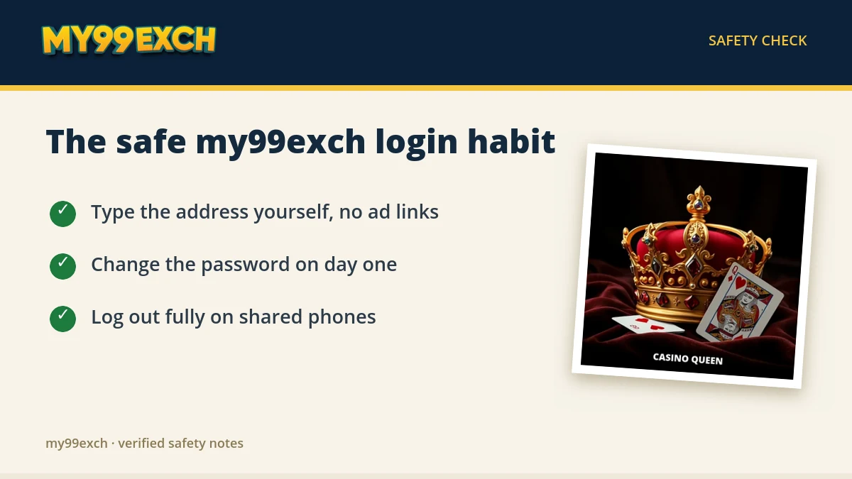 safe my99exch login checklist with address and password habits