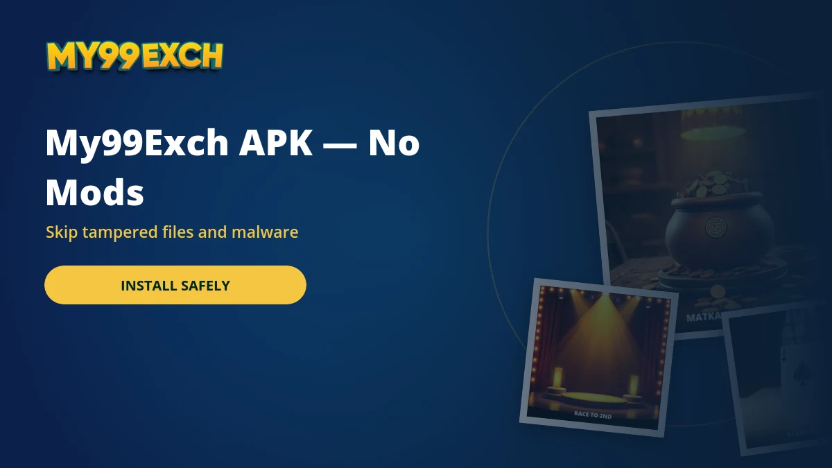 Safe My99Exch apk install banner with sic bo and casino game tiles