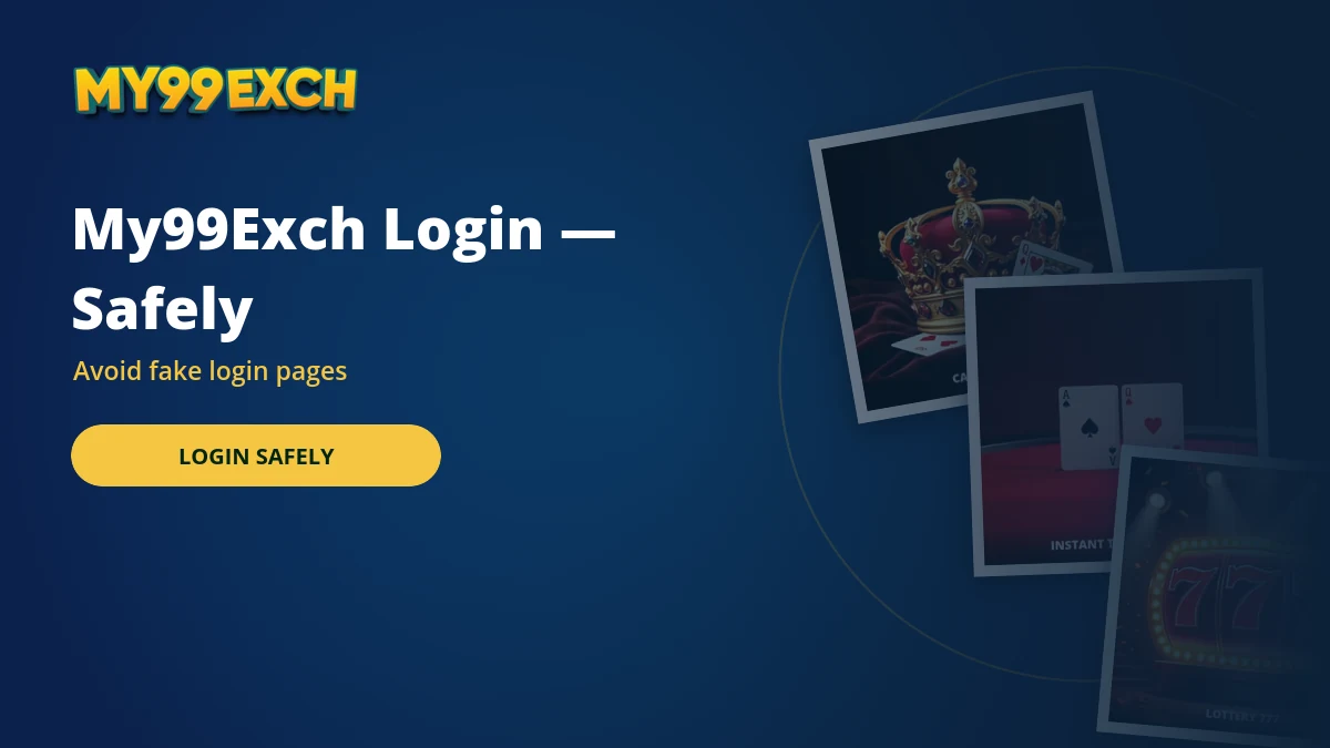 Safe My99Exch login banner with card room and casino game tiles