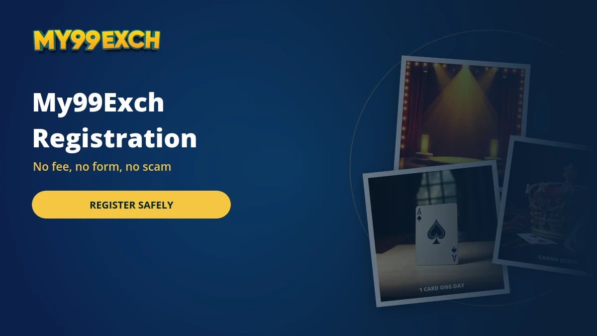 Safe My99Exch registration banner with teen patti and casino game tiles